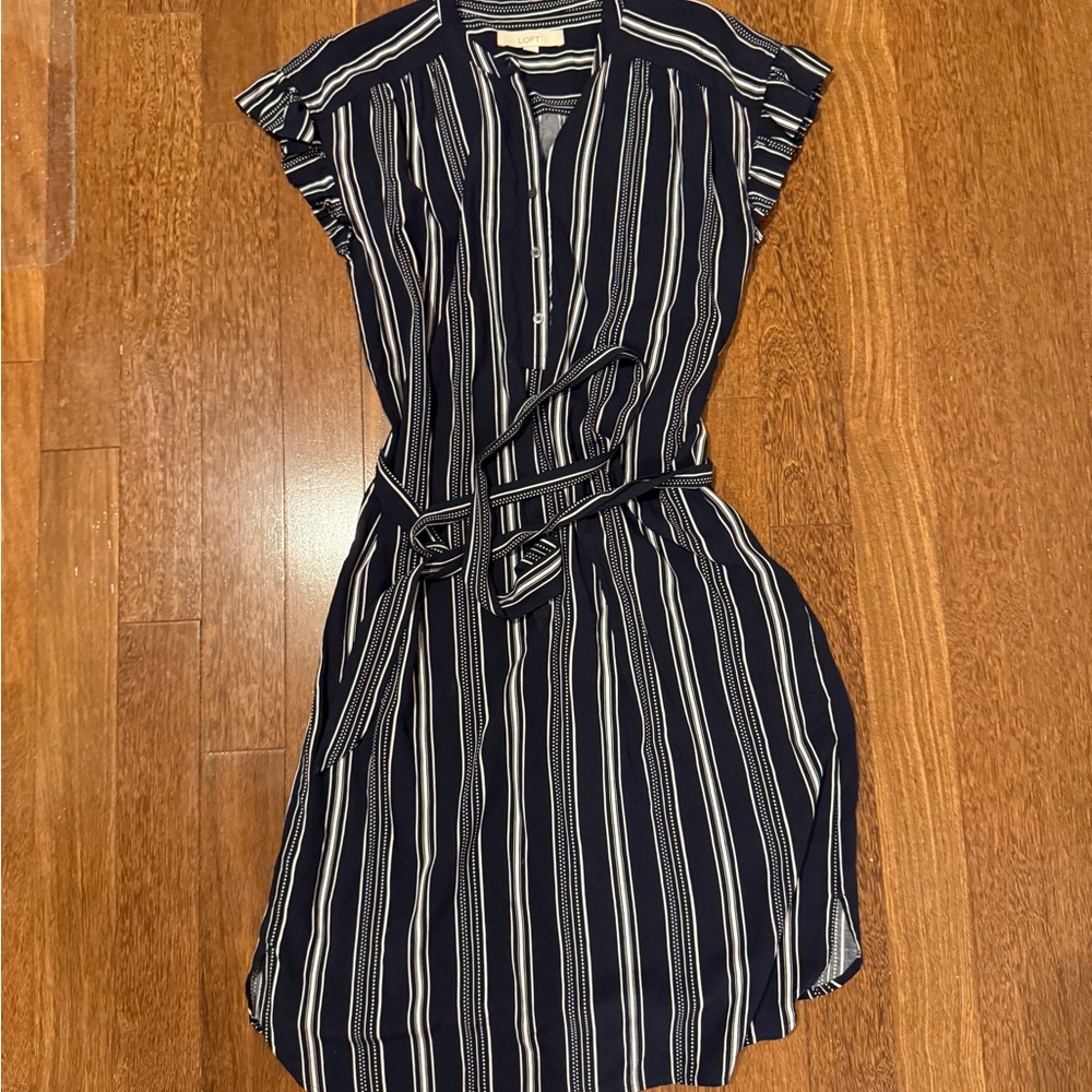 LOFT Striped Navy and Cream Dress
